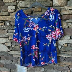 Lucky Brand Blue and Pink Floral Flutter Sleeve Blouse